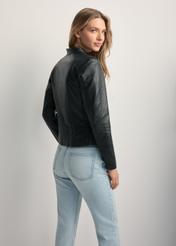 Women's black leather jacket KURDS-0531-5426(KS), back view of the product on the model. Half of the silhouette visible.