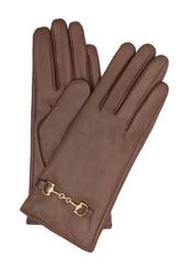 Camel leather women's gloves with buckle REKDS-0087-1D(Z26) - product view from above, on a white background.