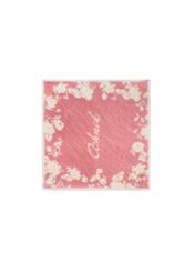 Pink women's scarf with logo SZADT-0192-5P(W26) - product view from above, on a white background.