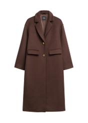 Long dark brown women's coat with wool PLADT-0085-1I(Z26), front product view on a light background.