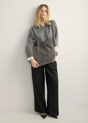 Women's graphite suede shopper bag TORES-1358-9D(Z26), front view of the product on the model. Full body visible.