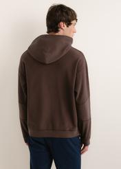 Dark brown men's cotton hoodie BLZMT-0086-1I(Z26), view of the product from the back on the model. Half of the silhouette visible.