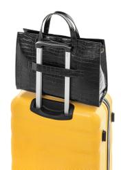 Black large croco leather handbag TORES-1132-9G(Z26) - product view on the suitcase, on a white background.