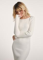 Cream long striped dress SUKDT-0241-12(Z25) - front view of the product on a model on a white background. Half of the silhouette visible.