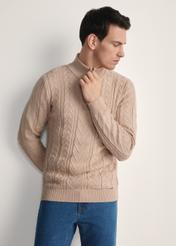 Beige men's sweater with zipper SWEMT-0180-81(Z25), front product view on the model. Half of the silhouette visible.