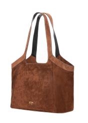 Cognac suede large women's handbag TORES-1169-1F(W26), diagonal product view on white background.