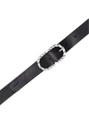 Black leather belt with decorative buckle PASDS-0354-99(Z26), top view of the product on a white background.