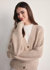 Beige women's cardigan KARDT-0036-81(Z25), front view of the product on the model. Half of the silhouette visible.