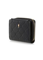 Small black women's wallet with monogram POREC-0349A-9P(Z26) diagonal product view on white background.