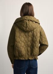 Olive green short oversized quilted jacket KURDT-0660-8D(W26) - back view of the product, on a model, against a light background. Half of the silhouette visible.