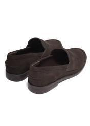 Women's dark brown suede moccasins BUTYD-1299-1I(Z26), back view of the product on a white background.