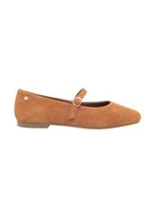 Cognac suede ballet flats with belt BUTYD-1145-1F(Z26), side view of the product on a light background.