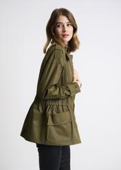 Olive colored women's jacket with a ribbed hem KURDT-0354-57(W22)-07