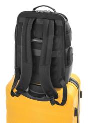 Black spacious men's backpack TORMN-0378-98(Z25), product view from the back on a suitcase on a white background.
