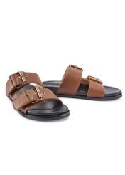 Camel leather women's flip-flops BUTYD-1161-1D(W26), diagonal product view on white background.