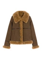 Brown short women's sheepskin coat KOZDP-0017-1H(Z26), front product view on a light background.