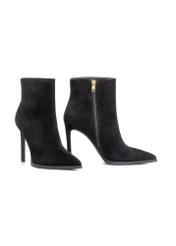 Black suede high heel ankle boots BUTYD-1207-99(Z25), diagonal product view on white background.