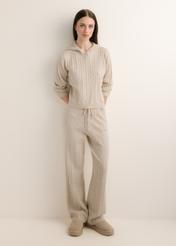 Beige women's hooded sweater BLZDT-0124-1A(Z26), front view of the product on a model. Full-body view.