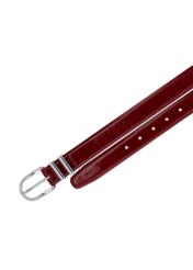 Red leather women's belt PASDS-0159-4C(Z26), view of the buckle of the product on a white background.