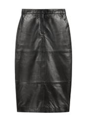 Black leather midi skirt SPCDS-0076-99(W26), front product view, isolated on white background.