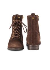 Women's brown suede ankle boots BUTYD-1008-89(Z25), front and back product view on white background.