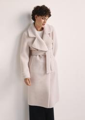 Long woolen fur coat in cream color FUTDW-0019A-12(Z25) - front view of the product on a white background. Half of the silhouette visible.