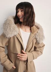 Beige women's winter jacket KURDT-0613-81(Z25) - front product view, on model against white background. Close-up of details.