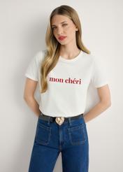 White women's T-shirt with print TSHDT-0152-0B(W26), front view of the product on the model, half of the silhouette visible.