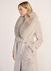 Light beige double-sided long women's sheepskin coat KOZDS-0089-3037(Z25) - front product view on white background. Half silhouette visible.