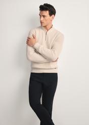 Beige men's sweater SWEMT-0175-80(Z25), front product view on the model. Half of the silhouette visible.