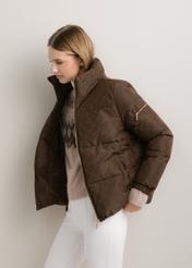 Women's dark brown monogram jacket with stand-up collar KURDT-0694-1I(Z26), diagonal view of the product on the model. Half of the silhouette visible.