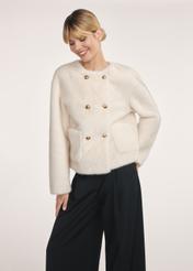 Cream women's fur coat FUTDP-0068-12(Z25), front view of the product on the model. Half of the silhouette visible.