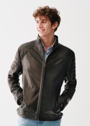 Men's black leather jacket with stand-up collar KURMS-0325-1342(Z23)-01