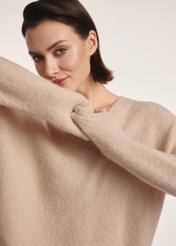 Beige woolen women's sweater SWEDT-0215-81(Z25), close-up of the product detail on the model.