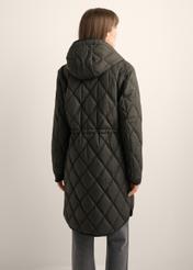 Women's black quilted jacket KURDT-0579-99(Z25), back view of the product on the model. Half of the silhouette visible.