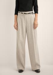 Light beige women's wool trousers SPODT-0133-1A(Z26), front view of the product on the model. Half of the silhouette visible.