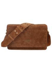 Cognac-colored suede women's handbag TORES-1356-1F(Z26), front product view on white background.