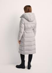 Long light gray women's jacket KURDT-0602-66(Z25), product view from the back on the model. The whole silhouette is visible.