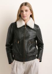 Black leather bomber jacket KURDS-0646-99(Z26), front view on a model. Half-body shot.