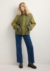 Women's khaki jacket KURDT-0665-8B(Z26), front view of the product on a model. Full body view.