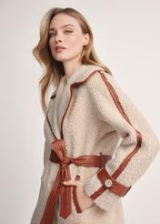 Women's beige fur coat with wool FUTDP-0035-80(Z 25) - front view of the product on a model against a white background. Half of the silhouette visible.