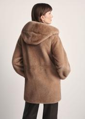 Beige women's fur coat with hood FUTDP-0062-1B(Z26) , back view of the product on the model. Half of the silhouette visible.