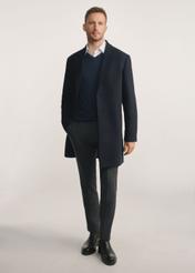 Navy blue men's coat PLAMT-0006-69(Z25), product visible from the front on the model, the entire silhouette is visible.