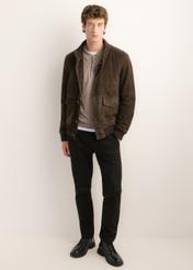 Brown men's suede jacket KURMS-0425-1L(Z6) - front product view of the model, against a white background. Full body visible.