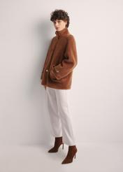 Women's woolen fur coat in camel color FUTDW-0032-24(Z25) - side view of the product on a model on a white background. The entire silhouette is visible.