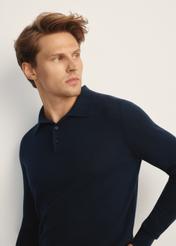 Navy blue men's wool and silk sweater SWEMT-0184-68(Z25), front product view on the model, close-up of the face.