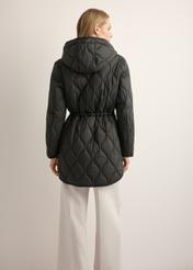 Women's black quilted jacket KURDT-0654-99(W26), back view of the product on the model. Half of the silhouette visible.