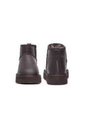 Women's brown leather snow boots BUTYD-1219-89(Z25), front and back product view on white background.
