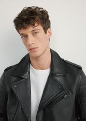 Men's black leather biker jacket KURMS-0391-99(W26), close-up of the product on the model's silhouette.