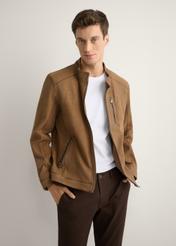 Men's dark beige suede jacket KURMS-0398-1C(W26) - front product view, modeled, against a light background. Knee-length silhouette visible.